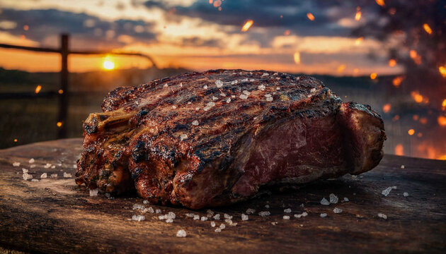 Argentine Asado Beef Rib Close-up with Blurred Fire Sparks Background
