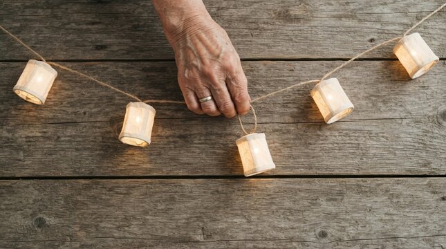 Elderly person holding rustic string lights on wooden background for cozy home decor and festive celebration concept