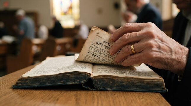 Elderly Jewish Man Reading Ancient Hebrew Prayer Book in Synagogue for Religious Study and Spiritual Reflection