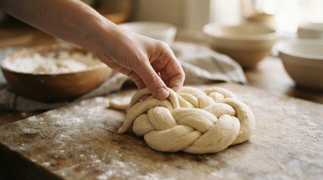 Female baker braiding raw challah dough on wooden board for traditional Jewish bread preparation in home kitchen