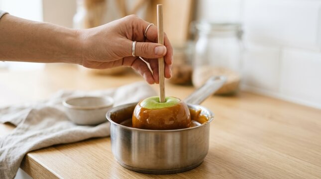 Woman Dipping Fresh Green Apple into Hot Caramel Sauce in Kitchen for Homemade Candy Apple Preparation