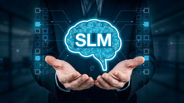 A man in a dark suit presents a glowing blue brain symbol with SLM on his palms in a futuristic indoor setting.
