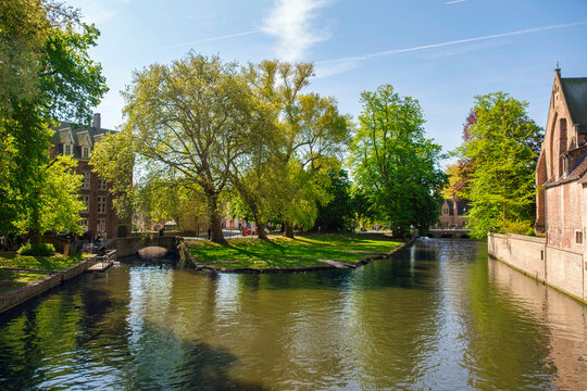 Morning view of canals and historic houses in Bruges, Belgium