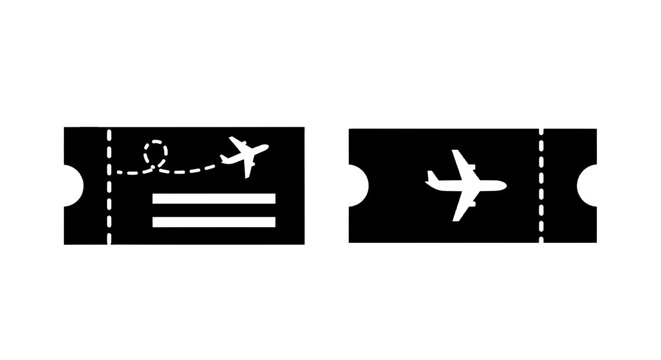 Vector illustration of set of two black airplane boarding pass icons on a transparent background