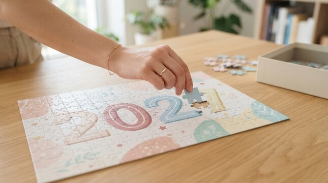 Woman completing 2021 jigsaw puzzle on wooden table representing year end goals and successful project completion