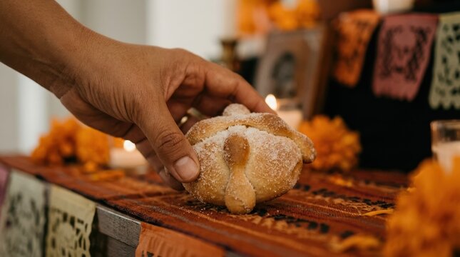 Hand placing traditional sweet bread on a decorated altar for ancestral remembrance and cultural celebration