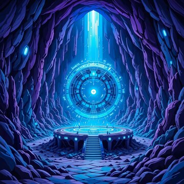futuristic levitating dimensional portal machine in underground cave sci fi background