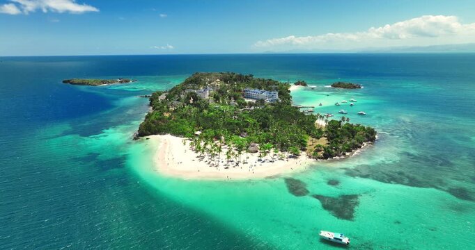 Aerial View Of Tropical Island Resort Bacardi island  Cayo Levantado Dominican republic, exotic wild beach shore with palm trees and turquoise sea water