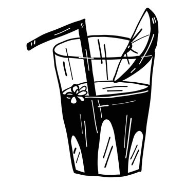 Glass flower drinking straw juice orange lemon slice sketch