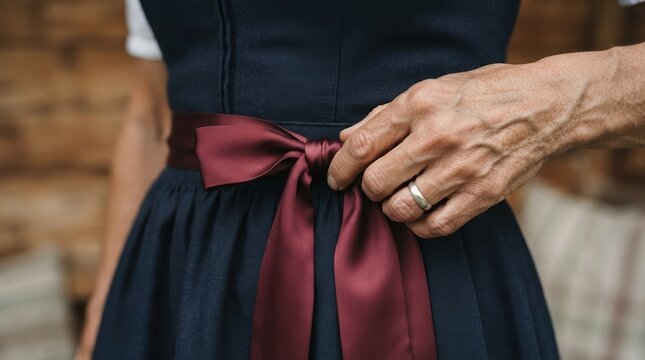 Close up of mature woman hands tying burgundy ribbon on traditional dark blue dirndl dress for festive event