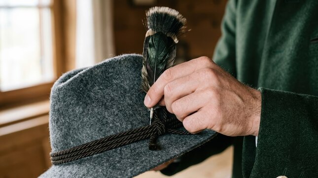 Traditional Alpine Hat with Gamsbart Feather Accessory Held by Man in Green Loden Jacket for Bavarian Folk Costume
