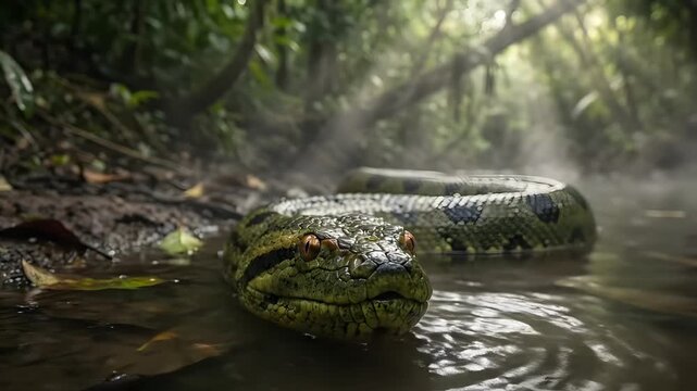 Green Anaconda Emerging from Rainforest River