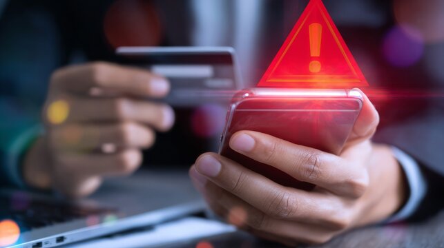 Online payment fraud detection and cybersecurity threat alert concept person using smartphone, blocked credit card transaction warning and digital banking security system to prevent financial scam 