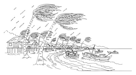 Tropical hurricane storm hitting coast with palm trees and houses in one line drawing © ----WWWLINE----