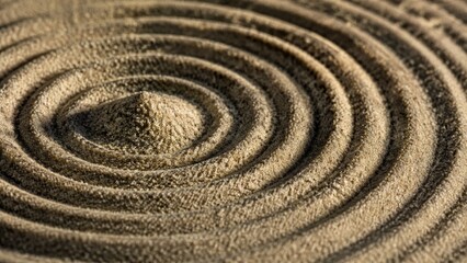 Naklejka premium Detailed view of a raked sand pattern in a Zen garden featuring concentric circles surrounding a central mound, creating a texture of tranquility and balance