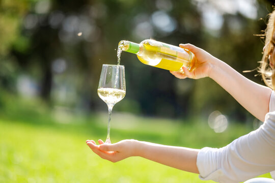 White wine pouring from bottle to glass held by woman at picnic. Outdoor catering service and elegant hospitality concept.