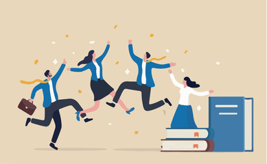 Obraz premium Employee handbook, manual for onboarding new staff, procedure or rule for welcome new hire know company, business manual for success concept, businessman hand holding handbook books new employees