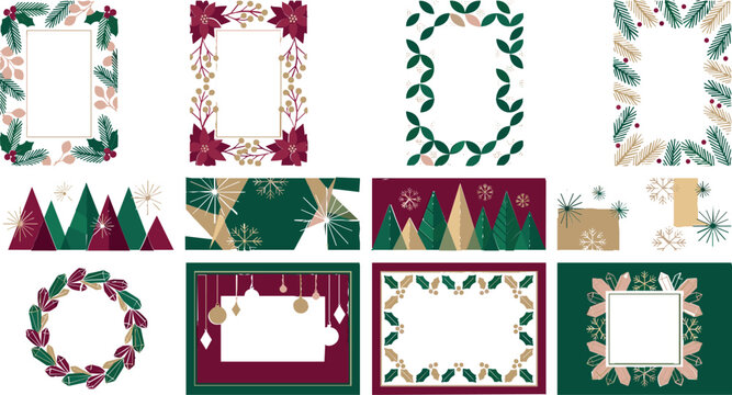 Elegant Christmas poinsettia frame vector with red floral border and gold rectangle copy space on white background