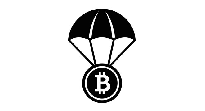 Vector illustration of bitcoin cryptocurrency coin falling with a parachute on a transparent background