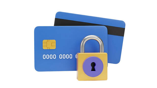 Two blue plastic credit cards resting behind a metallic gold padlock symbolizing secure financial transactions and safe online payment processing