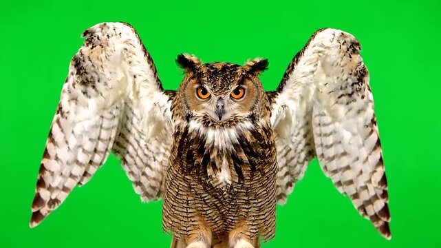 Great horned owl spreading wings on green screen background for chroma key video compositing projects