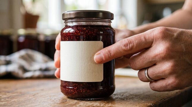 Person pointing at a jar of homemade raspberry jam with a blank label on a wooden table