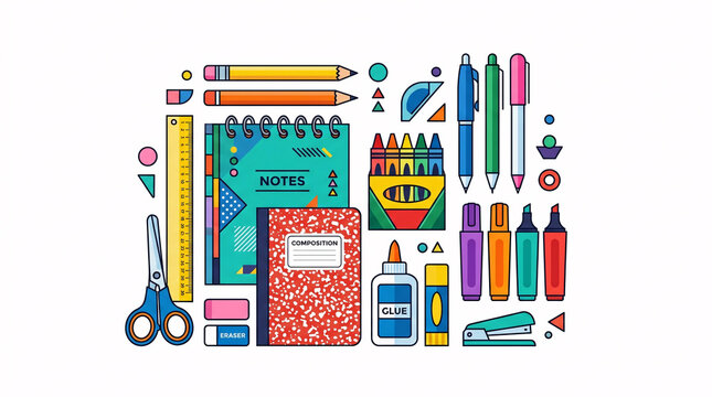 Colorful Stationery Supplies Set with Notebooks Pens Markers Scissors and School Office Accessories in Flat Vector Illustration Style