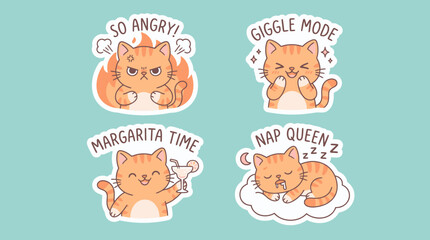 Obraz premium Set of Cute Cartoon Cat Stickers Illustrating Various Daily Emotions and Activities for Expressive Digital Communication