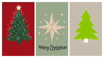 Merry christmas greeting card set with pine trees and star. © Riupiu