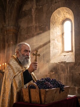Armenian Apostolic Priest Blessing Grapes with Golden Cross