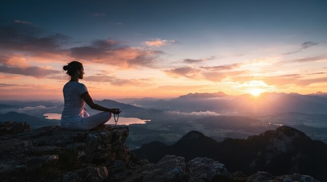 Woman meditating in lotus pose on mountain peak at sunrise for mindfulness and spiritual wellness concept