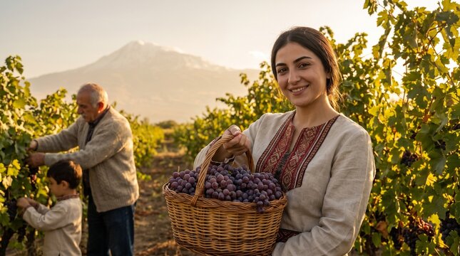 Armenian Family in Traditional Clothing Harvesting Grapes Near Ararat