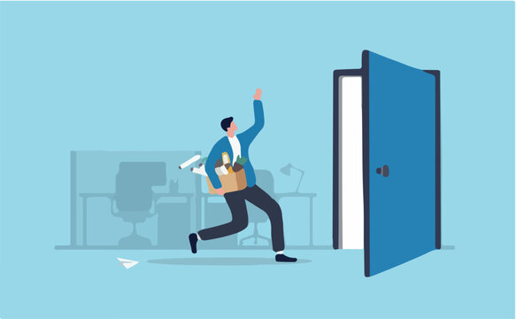 Quit job leaving company for new career, saying good bye old workplace office, exit, escape fired, work departure, offboarding in separation, businessman saying bye while quitting job exit door
