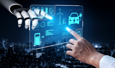 Fototapeta premium AI manages EV charging dashboards by tracking battery status, optimizing renewable power use, and reducing carbon emissions through smart energy monitoring Vouch