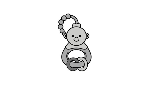 Vector illustration of a baby rattle in gray tones, featuring a cute monkey face and attached rings, designed as an icon or symbol for infant products or childcare.