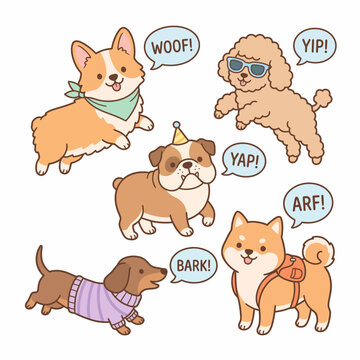 Set of cute cartoon dog breeds with speech bubbles showing playful barking and yapping sounds in a colorful flat vector illustration style