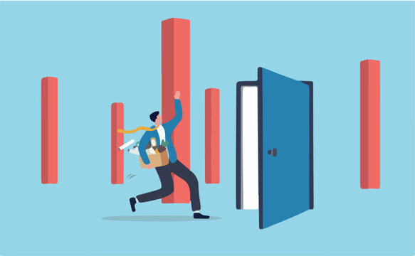Quit job leaving company for new career, saying good bye old workplace office, exit, escape fired, work departure, offboarding separation, businessman saying bye into while quitting job exit door
