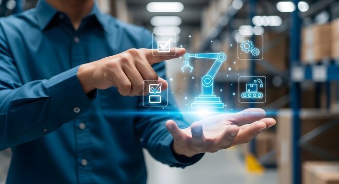 Manager using futuristic holographic interface to control robotic arm in warehouse automation system