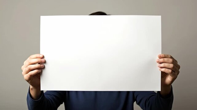 A person holding a large blank sign in a minimalist indoor setting.