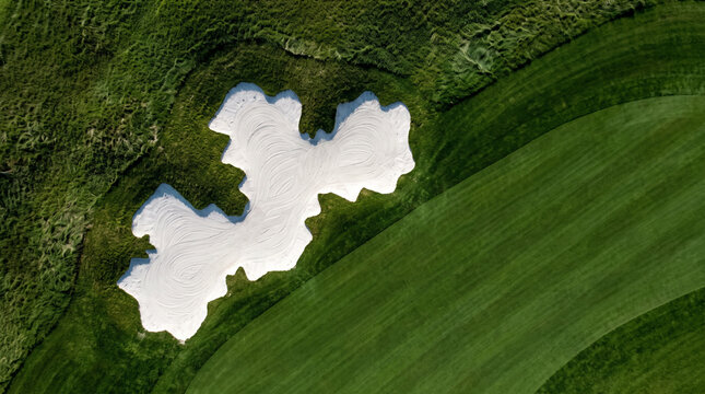 Aerial Top Down View of Golf Course Textures with Sand Bunker and Green Grass