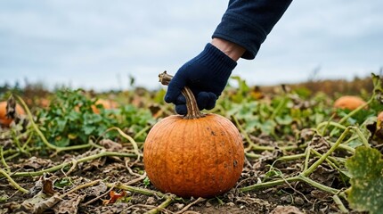 Hand in blue glove picking fresh orange pumpkin in autumn field for harvest season and thanksgiving holiday preparation