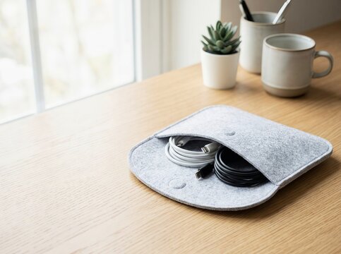 Minimalist Desk Cable Organizer on Wooden Workspace