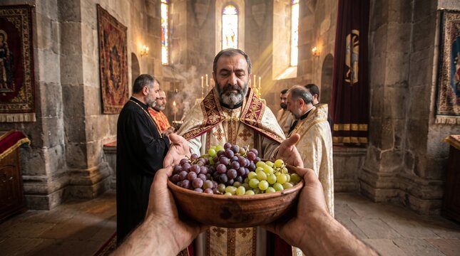 First Person View of Holding Grape Offering to Armenian Priest