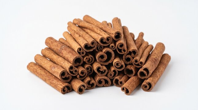 A detailed close up studio photograph of numerous aromatic brown cinnamon sticks stacked together in a large pile isolated against a clean plain