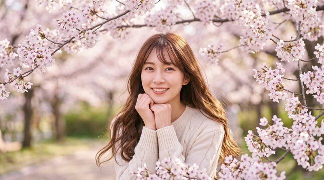 桜の花に囲まれて優しく微笑む若い日本人女性のポートレート