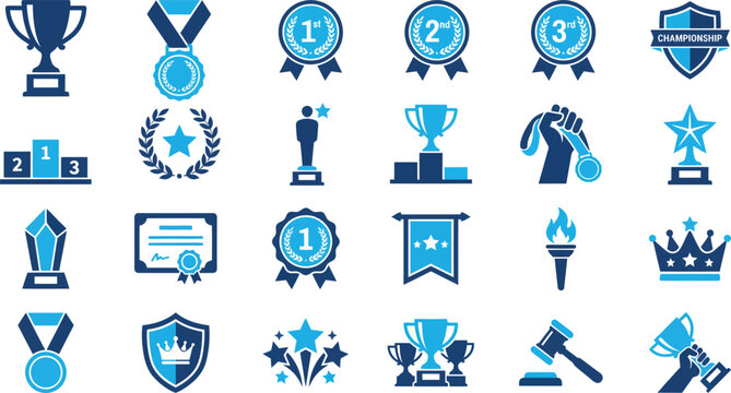 Award icons, achievement symbols, recognition badges, blue vector graphics, 25 elements