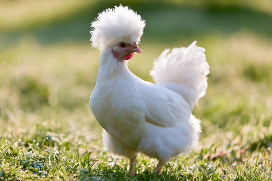 Holand Polish chickens standing on grass in sunlight represent sustainable farming and ethical animal care practices in poultry farming