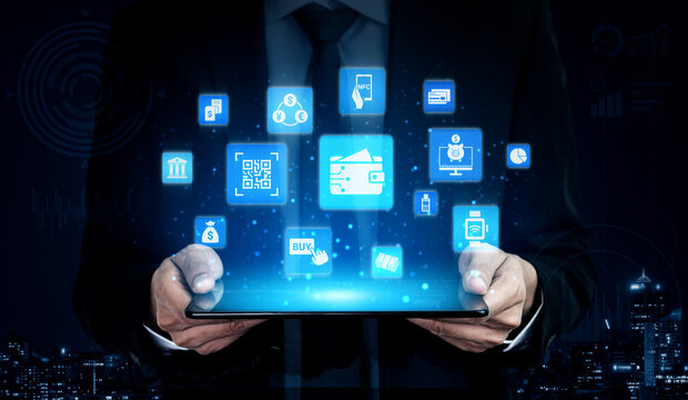 Digital wallet icons show mobile payment, digital wallet transfer, and online banking. Digital wallet supports secure payment, cashless transactions, and financial integration. Entice
