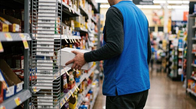 Retail worker in blue vest stocking shelves in a grocery store supermarket