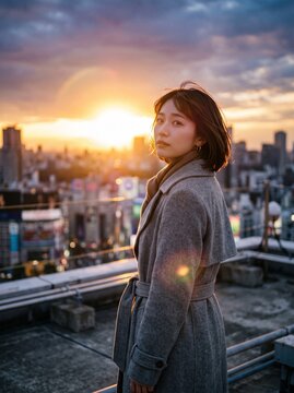 振り返る若い日本人女性、東京の夕焼けスカイラインを背景に屋上で